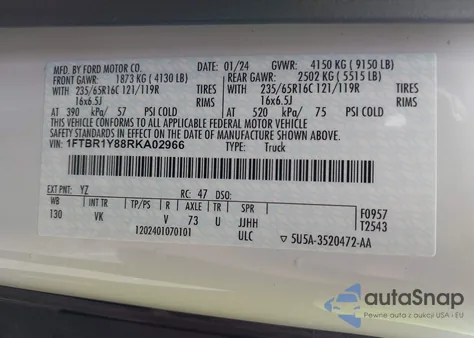 2024 Ford Transit-250 из США, поврежденный, VIN 1FTBR1Y88RKA02966